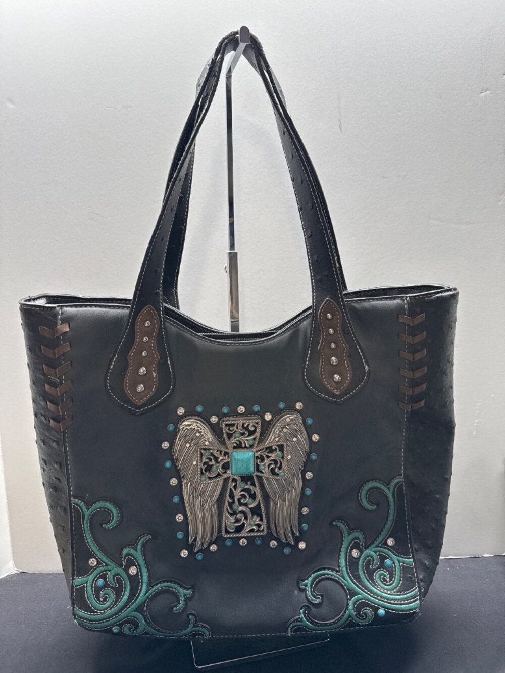 Cowgirl Trendy Black Leather Angel Wing Cross Turquoise Concealed Carry Purse
